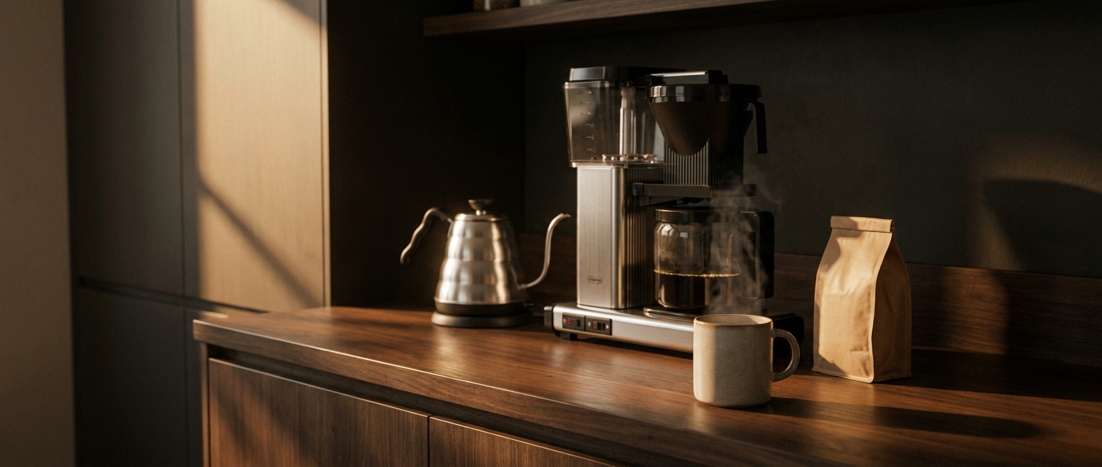 Eine Bonavita-Kaffeemaschine und ein Schwanenhals-Wasserkocher auf einer Nussbaum-Küchenzeile in warmem Morgenlicht