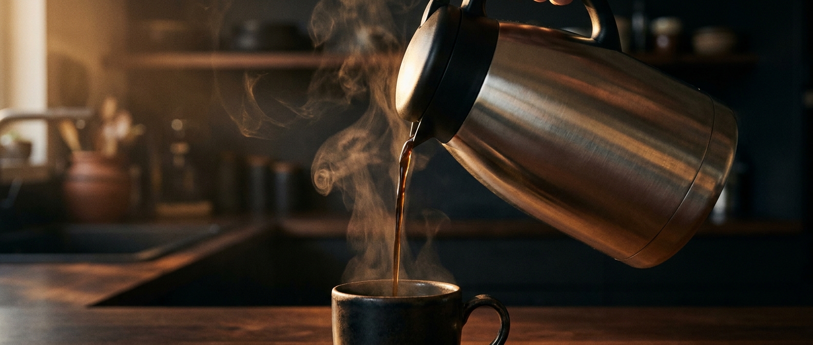 Una caraffa termica Bonavita in acciaio inox che versa caffè nero fresco in una tazza di ceramica in una calda luce mattutina